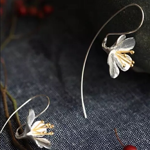 Japanese Cherry Blossom Floral Silver Loop Earring - Picture 2 of 7